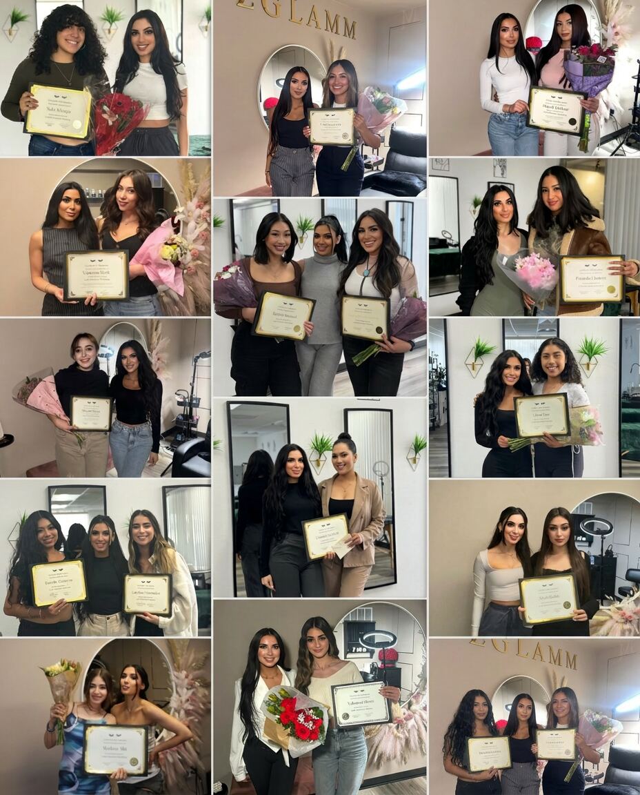 DZGLAMM Lash Technician Masterclass certified graduates holding their certificates and bouquets